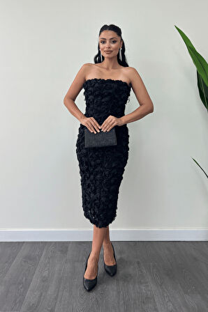 Üç Boyutlu Kumaş Bolero Detaylı Kalem Elbise - SİYAH