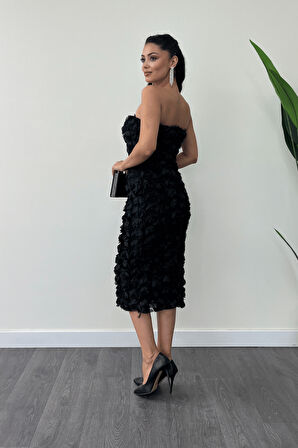 Üç Boyutlu Kumaş Bolero Detaylı Kalem Elbise - SİYAH