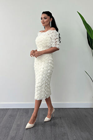 Üç Boyutlu Kumaş Bolero Detaylı Kalem Elbise - KREM