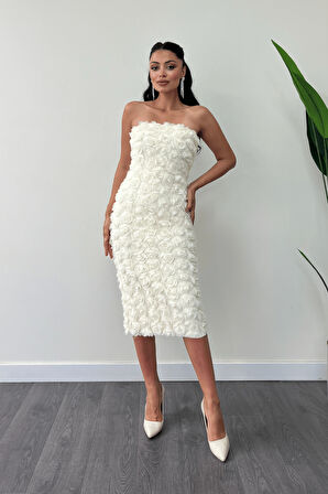 Üç Boyutlu Kumaş Bolero Detaylı Kalem Elbise - KREM