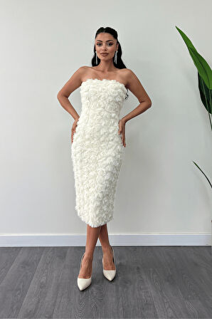 Üç Boyutlu Kumaş Bolero Detaylı Kalem Elbise - KREM