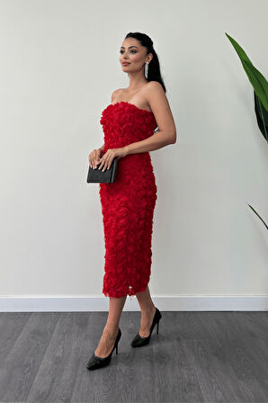 Üç Boyutlu Kumaş Bolero Detaylı Kalem Elbise - KIRMIZI