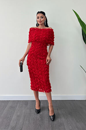 Üç Boyutlu Kumaş Bolero Detaylı Kalem Elbise - KIRMIZI