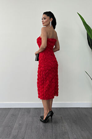 Üç Boyutlu Kumaş Bolero Detaylı Kalem Elbise - KIRMIZI