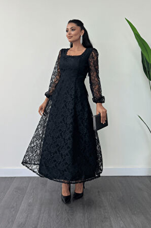 Dantel Kumaş Kare Yaka Midi Elbise Elbise - SİYAH