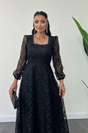 Dantel Kumaş Kare Yaka Midi Elbise Elbise - SİYAH