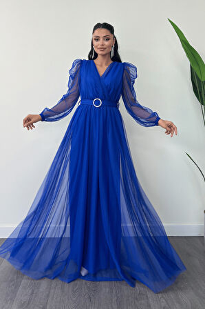 Tül Kumaş Kruvaze Yaka Maxi Elbise - SAKS MAVİ