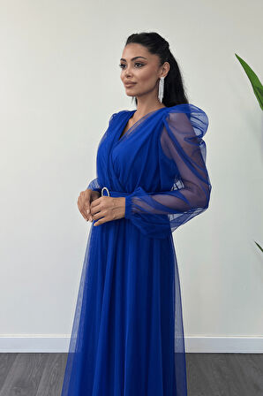 Tül Kumaş Kruvaze Yaka Maxi Elbise - SAKS MAVİ