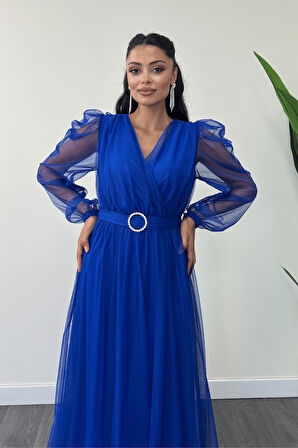 Tül Kumaş Kruvaze Yaka Maxi Elbise - SAKS MAVİ