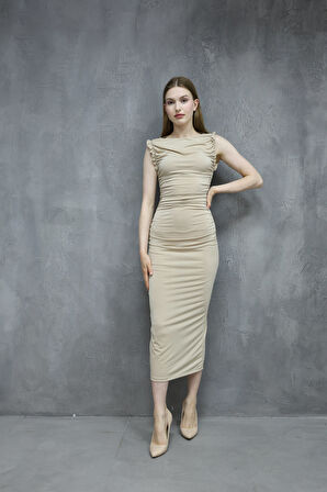 Buzi Kumaş Büzgü Detaylı Kalem Elbise - BEJ
