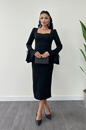Otriş Detaylı Kare Yaka Kalem Elbise - SİYAH