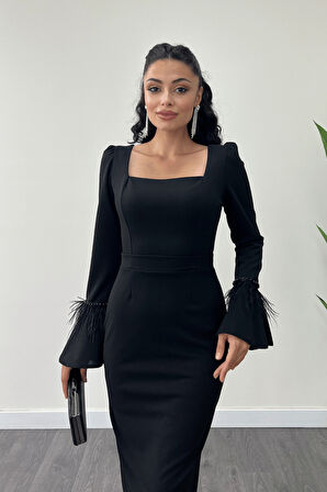 Otriş Detaylı Kare Yaka Kalem Elbise - SİYAH