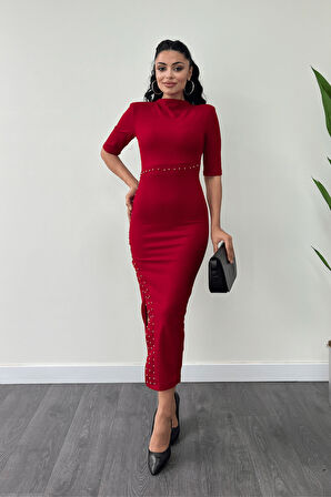 Krep Kumaş İnci Detaylı Kalem Elbise - KIRMIZI
