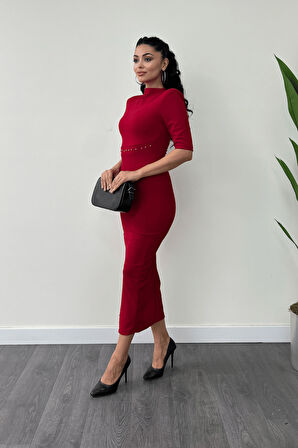 Krep Kumaş İnci Detaylı Kalem Elbise - KIRMIZI