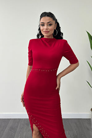 Krep Kumaş İnci Detaylı Kalem Elbise - KIRMIZI
