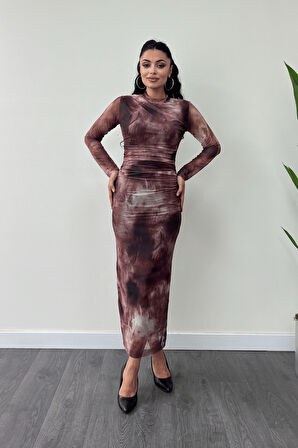 Tül Kumaş Drape Detaylı Kalem Elbise - BORDO