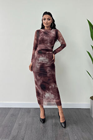 Tül Kumaş Drape Detaylı Kalem Elbise - BORDO