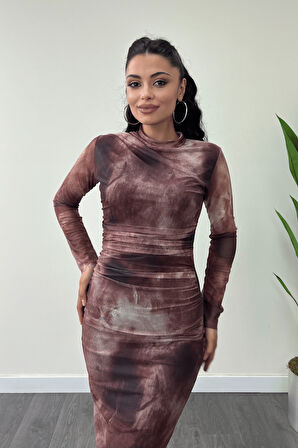 Tül Kumaş Drape Detaylı Kalem Elbise - BORDO