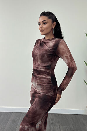 Tül Kumaş Drape Detaylı Kalem Elbise - BORDO