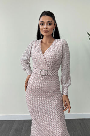 Kareli Payet Kumaş Kruvaze Yaka Elbise - PUDRA