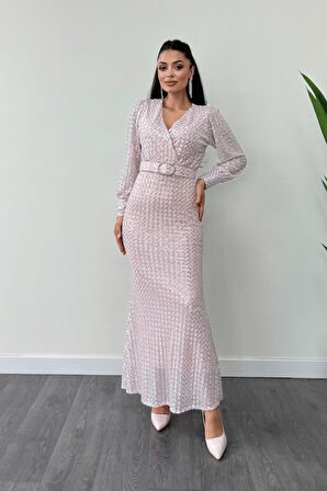 Kareli Payet Kumaş Kruvaze Yaka Elbise - PUDRA