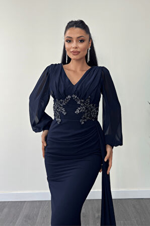 Şifon Kumaş Boncuk İşlemeli Şal Detaylı Abiye Elbise - LACİVERT