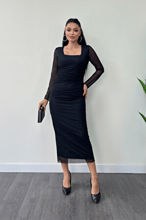 Tül Kumaş Büzgü Detaylı Kalem Elbise - SİYAH