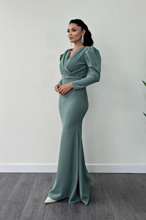 Krep Kumaş Kruvaze Yaka Balık Elbise - SU YEŞİLİ