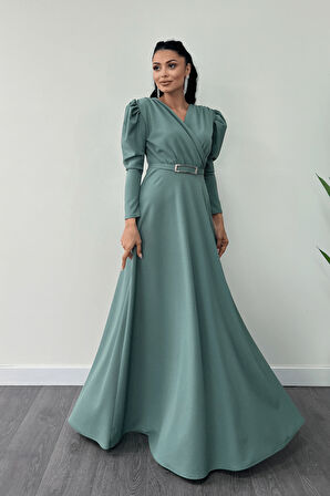 Krep Kumaş Kruvaze Yaka Kiloş Elbise - SU YEŞİLİ