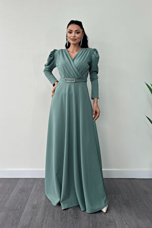 Krep Kumaş Kruvaze Yaka Kiloş Elbise - SU YEŞİLİ