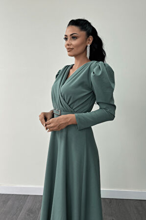 Krep Kumaş Kruvaze Yaka Kiloş Elbise - SU YEŞİLİ