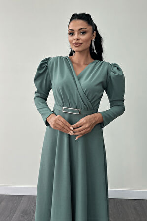 Krep Kumaş Kruvaze Yaka Kiloş Elbise - SU YEŞİLİ