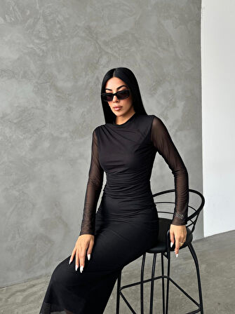 Tül Kumaş Drape Detaylı Kalem Elbise - SİYAH