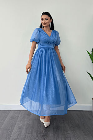 Tül Simli Kumaş Büzgü Detaylı Midi Elbise - İNDİGO