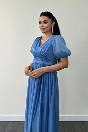 Tül Simli Kumaş Büzgü Detaylı Midi Elbise - İNDİGO