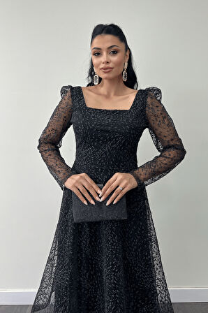 Tül Simli Kumaş Kare Yaka Midi Abiye Elbise - SİYAH