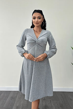 Pırıltılı Krep Kumaş Burgu Detaylı Midi Elbise - GÜMÜŞ