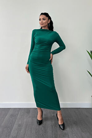 Jarse Kumaş Büzgülü Kalem Elbise - ZÜMRÜT YEŞİL