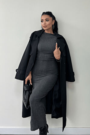 Triko Dokuma Kumaş Büzgü Detaylı Elbise - GRİ