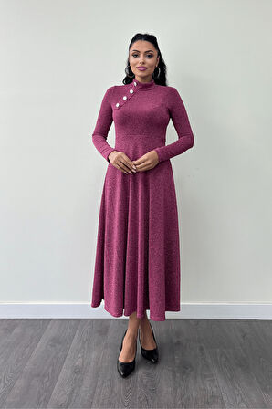 Pırıltılı Krep Kumaş Düğme Detaylı Midi Elbise - GÜL KURUSU