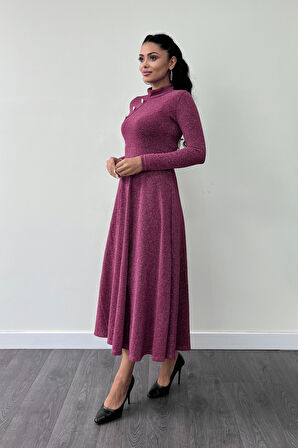 Pırıltılı Krep Kumaş Düğme Detaylı Midi Elbise - GÜL KURUSU