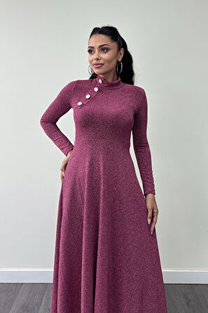 Pırıltılı Krep Kumaş Düğme Detaylı Midi Elbise - GÜL KURUSU