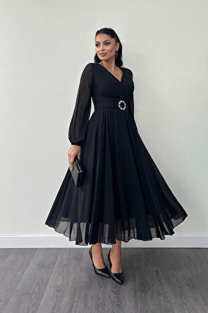 Şifon Kumaş Kemer Detaylı Midi Elbise - SİYAH