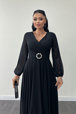 Şifon Kumaş Kemer Detaylı Midi Elbise - SİYAH