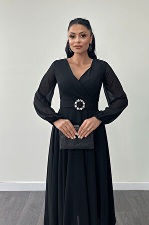 Şifon Kumaş Kemer Detaylı Midi Elbise - SİYAH