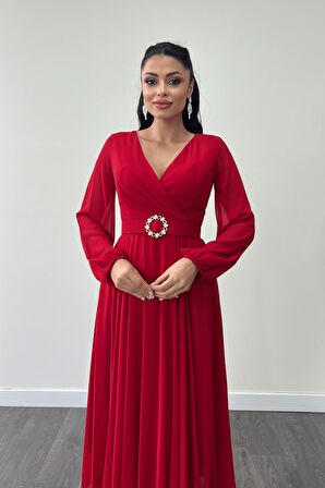 Şifon Kumaş Kemer Detaylı Midi Elbise - KIRMIZI