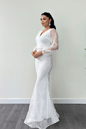 Simli Tül Kumaş Kruvaze Yaka Balık Elbise - BEYAZ