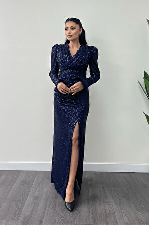 Pul Payet Kumaş Otriş Detaylı Abiye Elbise - LACİVERT