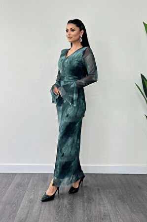 Tül Desenli Kumaş Kolları Volan Detaylı Kalem Elbise - TURKUAZ