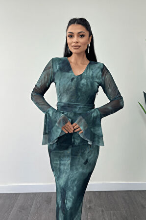 Tül Desenli Kumaş Kolları Volan Detaylı Kalem Elbise - TURKUAZ